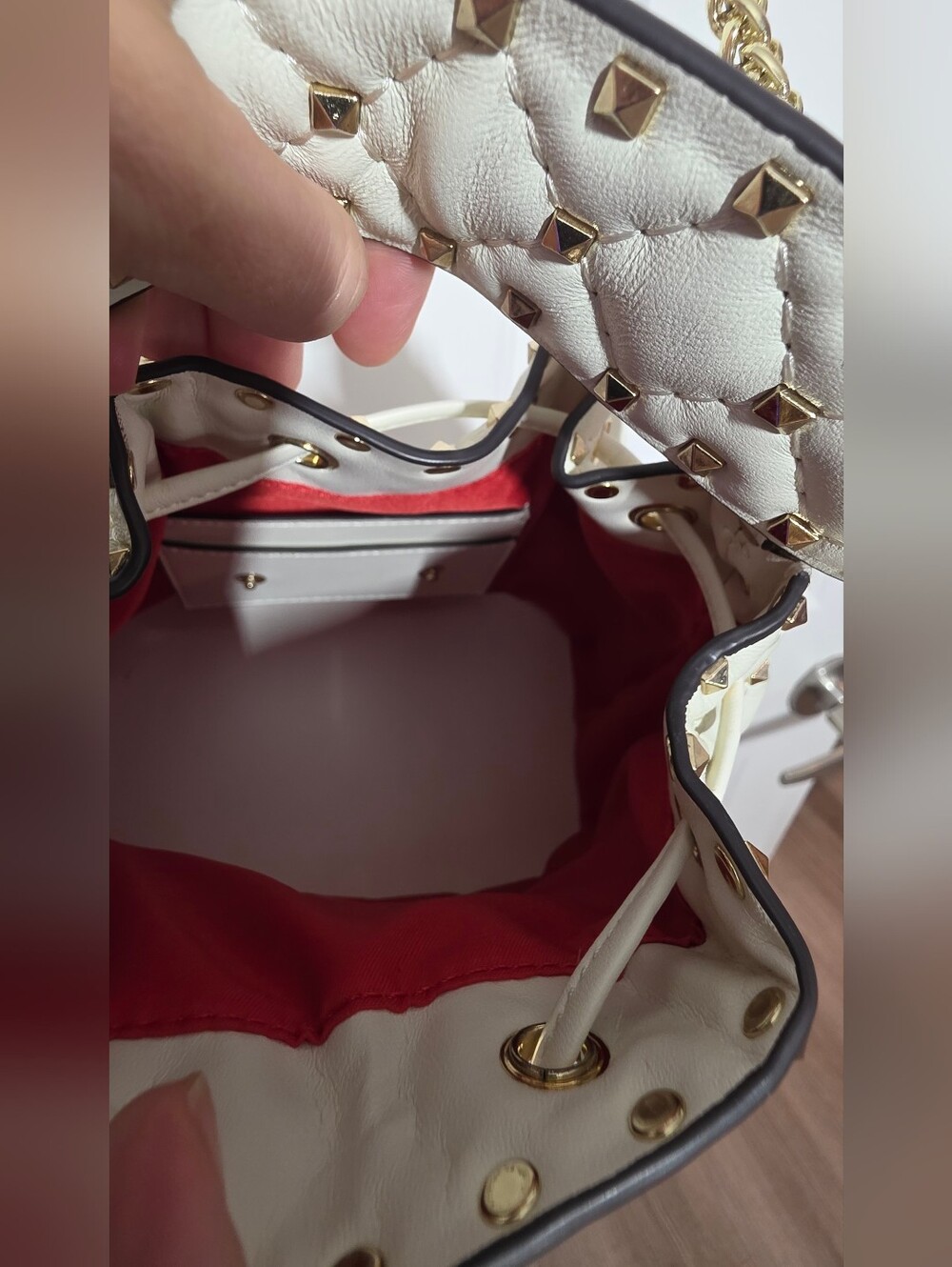 Off White Quilted Studded Drawstring Shoulder Bag - Picture 13 of 13